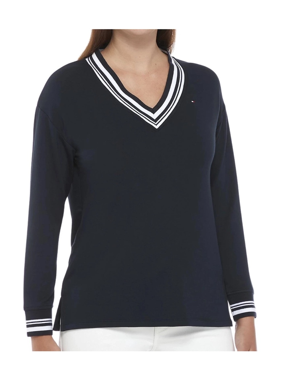 Tommy Hilfiger Navy Knit Top with Red and White Neck Stripe
